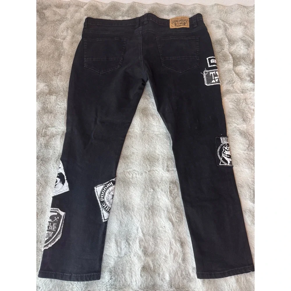 Grindhouse Denim Mens Black Graphic Patch Punk Streetwear Jeans Size 44x30-0592